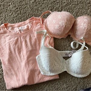 Lace Push-Up Bra Set - Pink and White